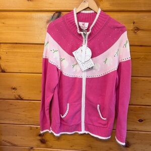 NWT Rare Quacker Factory Pink and White Full Zip Long Sleeve Cardigan